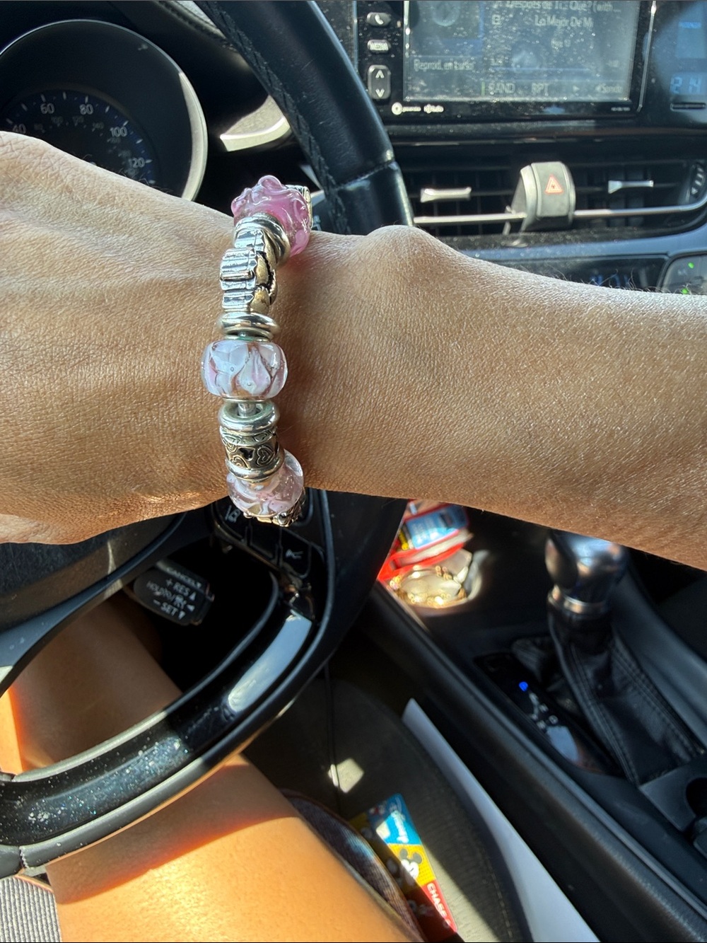 Silver & Pink Glass Bead Stretch Bracelet - Women's Jewelry